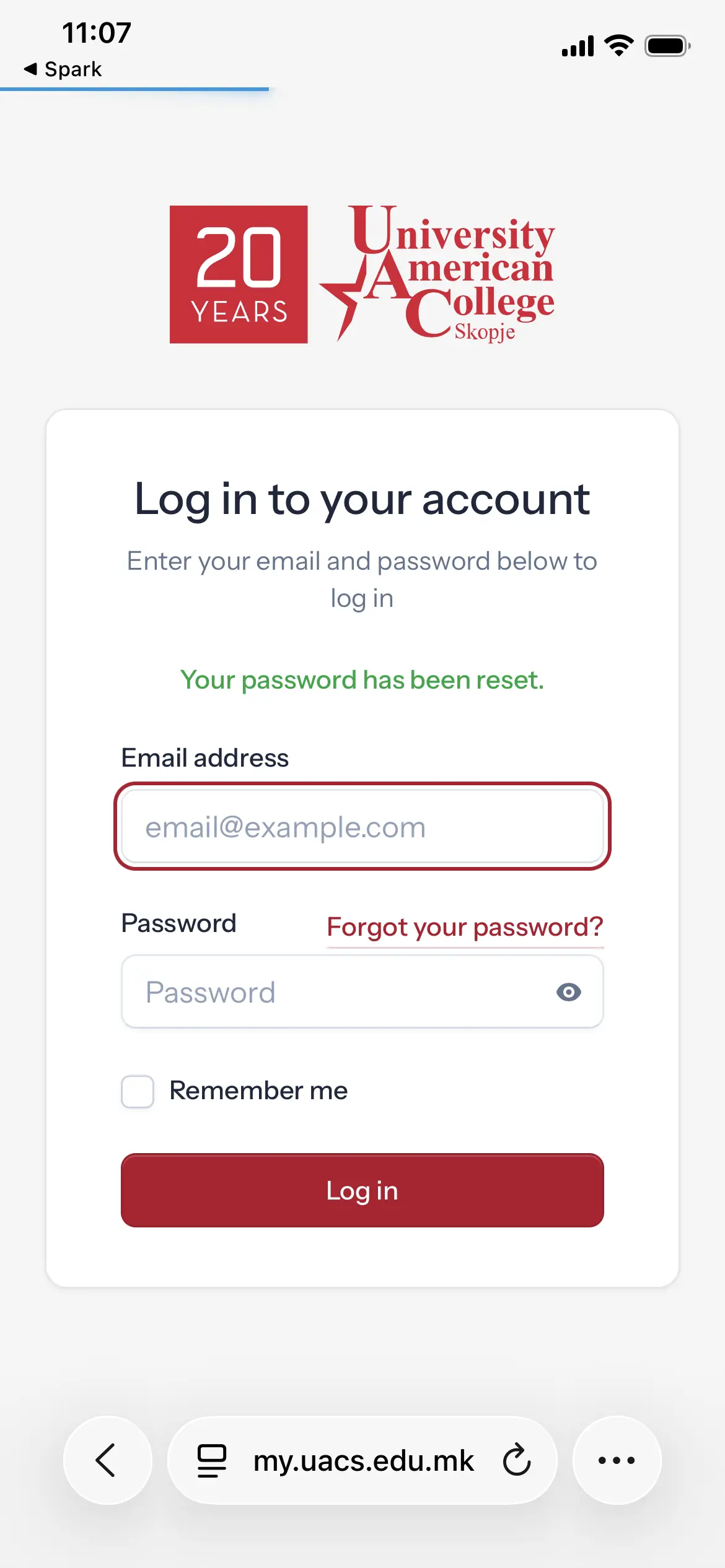 Password was reset confirmation screen
