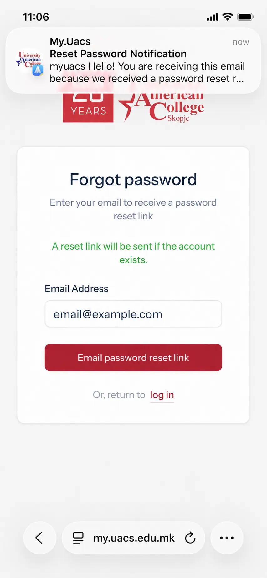 Reset password form after opening email link