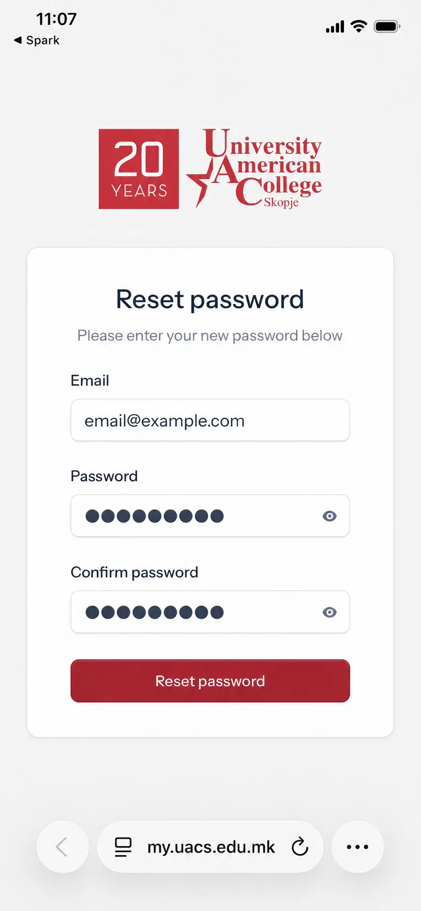 Password reset form sent confirmation